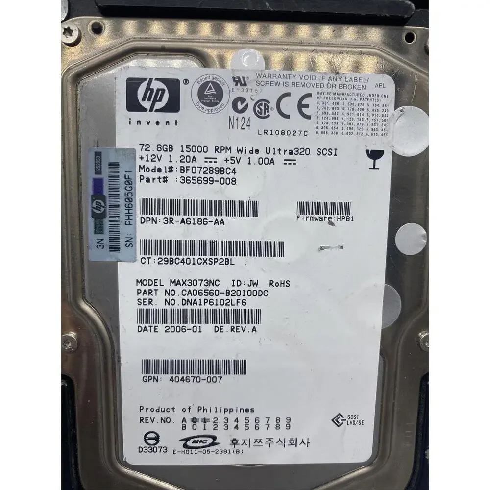 BF07289BC4 HP 72.8 GB 15K ULTRA320 365699-008 SCSI MAX3073NC HDD W/ TRAY